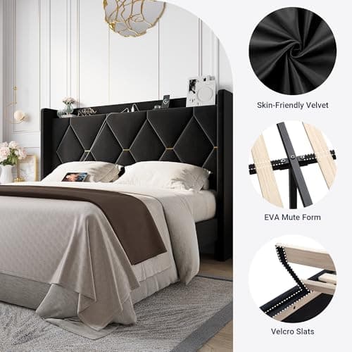 Allewie Velvet Full Size Upholstered Bed Frame with Wingback Storage Headboard & Charging Station, Platform Bed with Diamond Tufted Design & Gold Trim, No Box Spring Needed, Easy Assembly, Black view 6