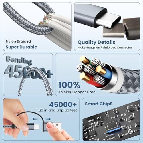 3 in 2 Multi Charging Cable for iWatch Charger/IP/USB C,Travel Cruise Essentials,Braided USB A/C Cable Designed for Multiple Devices,Compatible with iWatch Ultra/SE/11-1 & iPhone 17-11,Gray(5FT) view 4