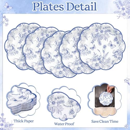 NatNarr 30 Pcs Blue Floral Paper Plates, 7 Inch Tea Party Plates Vintage Chinoiserie Flower Plate Disposable Blue and White Dessert Plate for Spring Garden Party Baby & Bridal Shower Birthday Wedding view 5