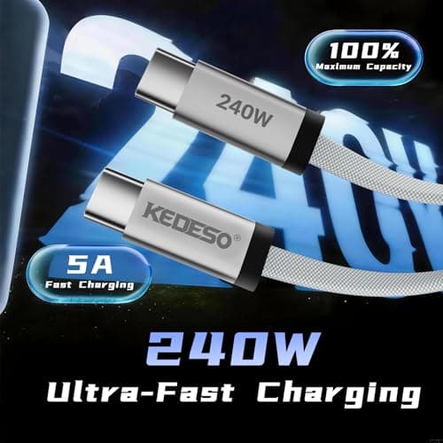KEDESO 240W Magnetic USB C to USB C Cable [Built-in Magnet Tidy] 3.3ft Flat Braided Type C Fast Charging Cord for Car CarPlay, Android Auto, Compatible with iPhone 16 17 Pro Max, iPad, MacBook, S25 view 2