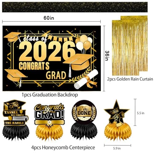Graduation Party Decorations 2026–Black Gold Grad Banner, Class of Backdrop, Balloons, Fringe Curtains and Foil Balloon, Streamers Kit–Complete Graduation for High School & College Celebrations (Gold) view 3