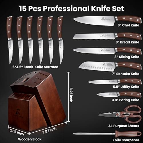 CoquusAid 15-Piece Kitchen Knife Set with Rubber Wood Block, New Upgrade | Widened Ventilated Slot for Hygienic Storage, German DIN1.4116 Steel Chef Knife Set with Sharpener, Full Tang, Ideal Gift view 2