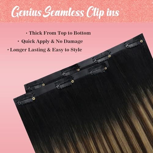 Ve Sunny Genius Clip in Hair Extensions Real Human Hair Natural Black Ombre Dark Brown Mix Caramel Blonde Balayage Hair Extensions Clip in Seamless Remy Human Hair Straight 16 inch 120g view 5