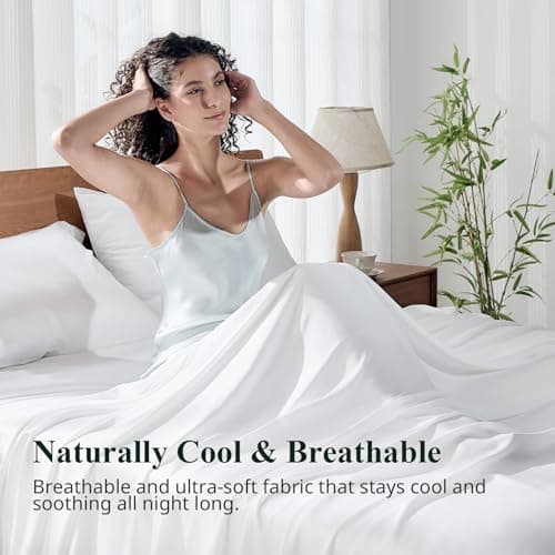 KRIMANO Twin Size Sheet Set, Viscose Bamboo Sheets for Bed Set 3pcs, 100% Viscose Derived from Bamboo, Hotel Luxury Silky & Cooling for Hot Sleepers, Deep Pocket Up to 17", White view 3