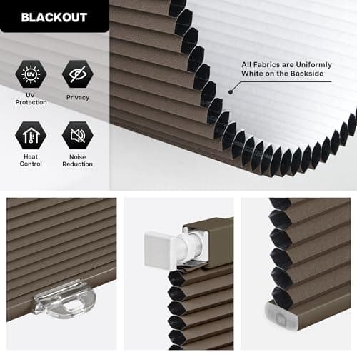 LazBlinds Cordless Cellular Shades, No Tools No Drill Blackout Honeycomb Shades Pleated Blinds for Windows, 45" W x 64" H, Dark Coffee view 3