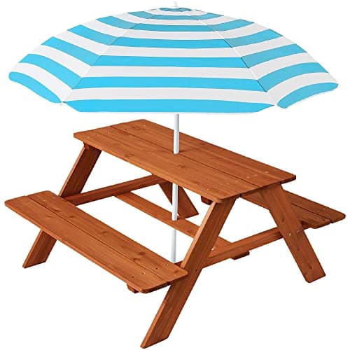 Best Choice Products Wooden Kids Picnic Table with Umbrella, Outdoor Activity Table Set with Built-in Benches, 220 lb Capacity per Bench - Golden Brown/Aqua view 1
