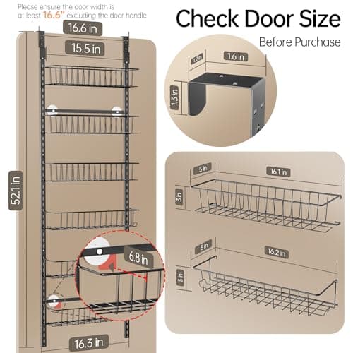 Delamu Adjustable Cabinet Door Organizer, 6 Tier Hanging Spice Rack | Metal Over the Door Pantry Organizer, Pantry Organizers and Storage Shelves for Kitchen Bathroom Laundry Room, Black view 5