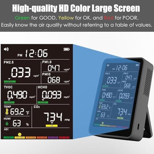 16-in-1 Indoor Air Quality Monitor, High-Precision Multi-Parameter Smart Air Quality Tester with HD Real-Time Color Screen, Portable Air Quality Monitor for Home, Office, Cars, School, Bedroom view 4