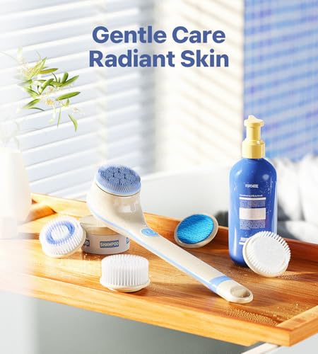 Electric Body Brush Back Scrubber for Shower, Waterproof Long Handle Body Scrubber Bath Brush with 5 Heads, Rechargeable Body Scrub Brush, 2 Speeds for Cleansing, Exfoliating and Massage (White) view 6