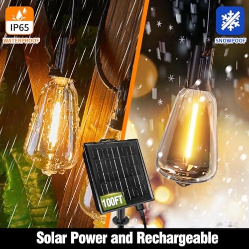 Skoiuc 100FT Solar String Lights Outdoor Waterproof with Remote & Timer, LED Shatterproof ST38 Bulbs, USB & Solar Powered Patio Lights for Backyard, Porch, Garden, Wedding, Christmas Decor view 3