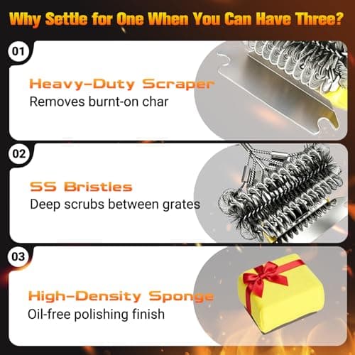 Professional 3-in-1 Grill Brush and Scraper with Safety Second Sweep Sponges - 18" Detachable Long Handle BBQ Cleaner for Heavy Duty Grime - Ideal Father's Day Grilling Gift for Men (Black) view 3