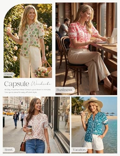 GRACE KARIN Women Boho Floral Tops, Summer Short Eyelet Sleeve Dressy Casual Shirts, Spring Button Down Blouse 2026 Trendy view 6
