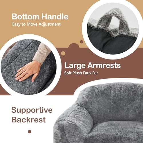 Homguava Bean Bag Chair Bean Bag Chairs for Adults Comfy Beanbag Chair with Spacious Design Oversized Bean Bag Sofa with Armrest Giant Bean Bag Chair with Filler for Living Room Bedroom (Grey) view 6