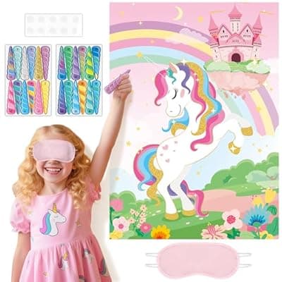 Joy Bang Pin the Horn on the Unicorn with Stickers and Eye Masks, Pin the Tail Party Games for Kids Unicorn Birthday Party Decorations Activities Crafts Toys Party Favors Gifts for Kids