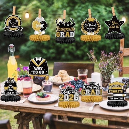 10Pcs Graduation Decorations 2026 Class of 2026 Congrats Grad Table Centerpieces Congratulate Graduation Honeycomb Table Toppers for Graduation Party Supplies 2026 Graduation Party Decorations Black view 2