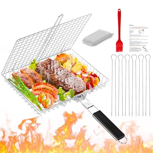 Grill Basket for Outdoor Grill, Stainless Steel Grilling Basket with Foldable Handle, Portable BBQ Cooking Rack for Fish, Vegetables, Shrimp, Chicken - Includes BBQ Skewers 6pcs,Basting Brush,Scrub Sponge-Upgrade — image 1