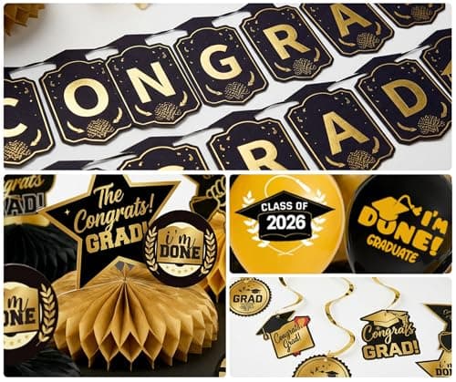 Graduation Party Decorations 2026–Black Gold Grad Banner, Class of Backdrop, Balloons, Fringe Curtains and Foil Balloon, Streamers Kit–Complete Graduation for High School & College Celebrations (Gold) view 5