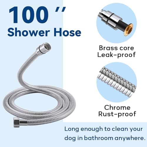 Dog Shower Attachment, 3 Mode Handheld Sprayer with ON/OFF Switch, G1/2" 3-Way metal Diverter, 100 Inches Stainless Steel Hose, No Drill Holder, for Pet and Dog Washing in Bathroom view 6