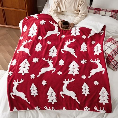 Bedsure Christmas Throw Blanket for Couch - Christmas Decorations Gifts for Women, Warm Sherpa Deer Throw Blanket, Red 50"x60" view 2