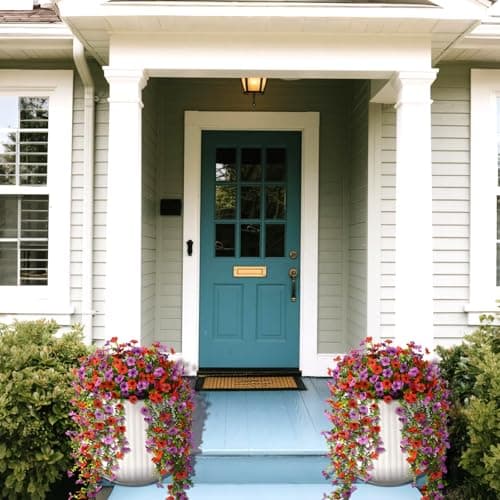 Artificial Fake Flowers Plants for Outdoors, 2 PCS UV Resistant Faux Silk Daisy with Eucalyptus Leaves Hanging Flowers for Home Garden Balcony Yard Porch Decor(Purple Red) view 5