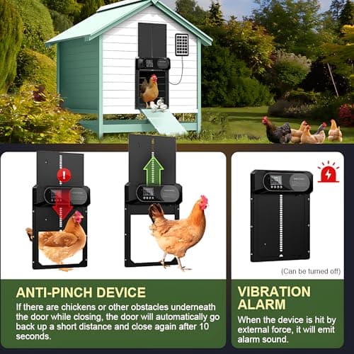 Large Size Automatic Chicken Coop Door Solar Powered,15.9"H x 12"L x 2.28"W,Aluminum Alloy Chicken Door with LCD Display,Timer & Light Sensor,4 Control Modes,Anti-Pinch Coop Door with Remote Control view 6