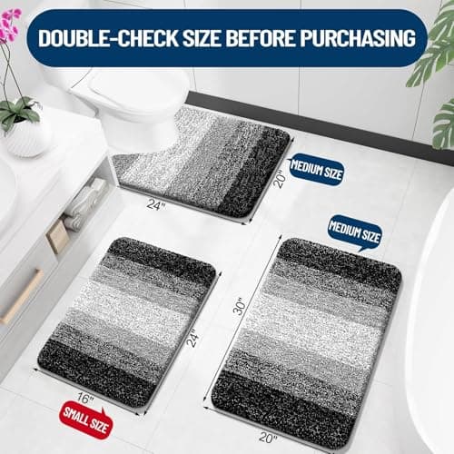 OLANLY Bathroom Rugs Sets 3 Piece, Soft Absorbent Microfiber Bath Mats and U-Shaped Contour Toilet Rug, Plush Shaggy Bath Mat Set for Bathroom (30"x20"+24"x16"+24"x20", Black) view 3