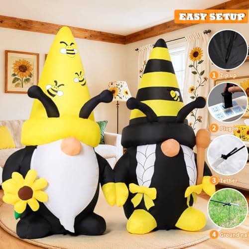 GOOSH 6 FT Long Spring Inflatables Gnomes Decorations Blow Up Yard with Bees and Sunflower Built-in LEDs for Garden Lawn Indoor Party Decor view 6