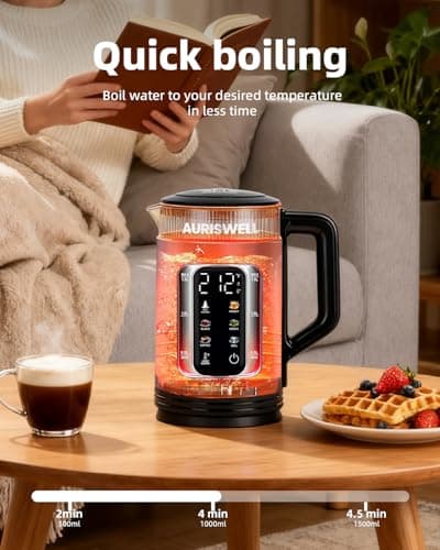 Auriswell Electric Tea Kettle with Temperature Control, Glass smart Water Boiler for Tea, Coffee & Boil, Automatic Shut Off, 12h Keep Warm & One-Touch 6 Presets view 2
