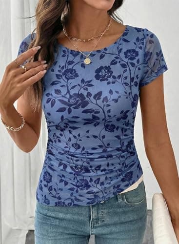 SHEWIN Shirts for Women Crew Neck Floral Short Sleeve Blouses Floral Mesh Top Summer Tops for Women 2026 view 2