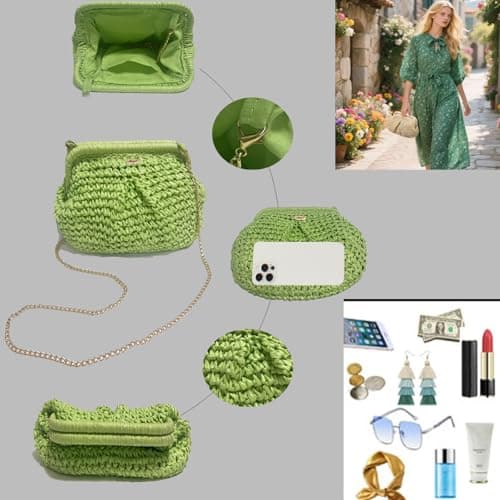 straw purse for women vacation small Vintage raffia summer beach rattan woven crossbody bags Straw-shell-tan view 5