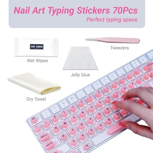 Raised Keyboard Stickers for Long Nails with Letters - Heart-Shaped Antistatic Silicone Protective Cover with Tweezers, Wet Wipes, Dry Towel & Jelly Glue, Ideal for Typing, Gaming & Nail Art (70 Pcs) view 2