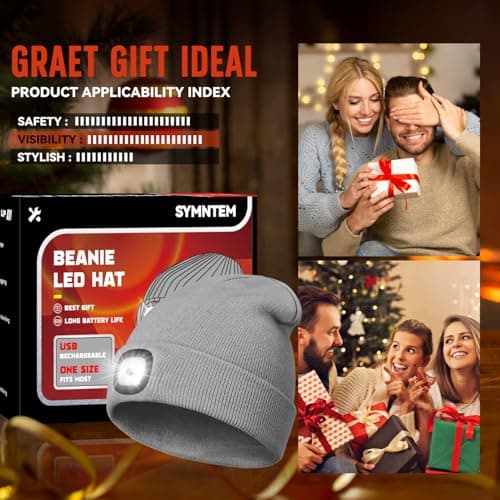 SYMNTEM Unisex Beanie Hat with Light, Rechargeable Headlamps Cap, Gifts for Men, Hiking, Camping headlamps, Cool Gadget Birthday Gifts for Men, Women, Dad, Father, Boyfriend, Grey view 2