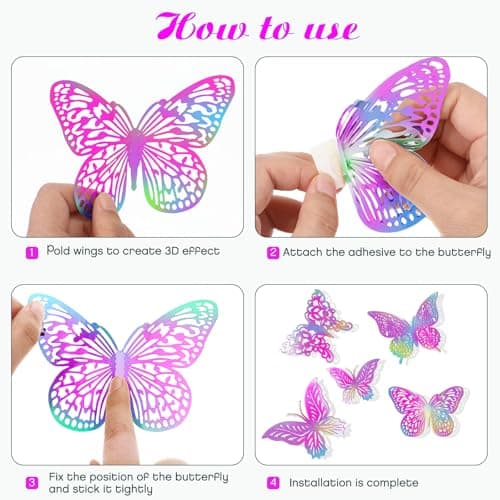 3D Butterfly Wall Decor 3 Sizes 4 Styles Butterfly Party Decorations Cake Decorations Removable Stickers Wall Decor Room Mural Metallic (Laser Pink, 48Pcs) view 5