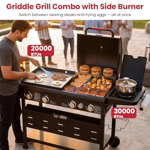 LAUDLIFE 5-Burner Propane Grill Griddle Combo with Side Burner, Dual Zone BBQ Gas Grill, Non-Stick Porcelain-Enameled Surface, Easy to Clean, 702 Sq.In. Cooking Area, Heavy-Duty Stand for Backyard view 2