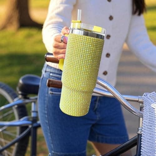 30oz Bling Rhinestone Studded Tumbler with Top Handle, Bling Cups Stainless Steel Water Bottle Diamond Glitter Tumbler for Women - Birthday Gifts for Women, Mom,Get Well Soon Gifts (Pomelo) view 6