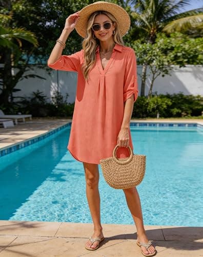 Halife Womens Swimsuit Coverup Shirt V Neck Eyelet Bathing Suit Cover Up Summer Beach Cover Ups Dress view 2