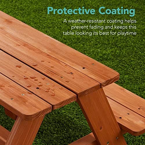 Best Choice Products Wooden Kids Picnic Table with Umbrella, Outdoor Activity Table Set with Built-in Benches, 220 lb Capacity per Bench - Golden Brown/Aqua view 6