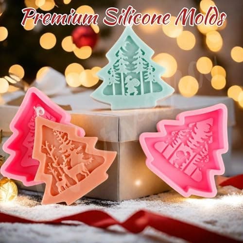 6pcs Christmas Tree Shaped Silicone Mold Set, Atarvana Relief Style Christmas Molds with 10pcs Candle Wick for Soap Candle Making -Christmas Trees, Santa Claus, Reindeer, Snowman view 2