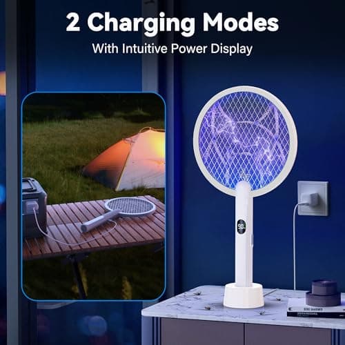 Nymrix Electric Fly Swatter 4100V Dual Mode Bug Zapper Racket（Grey,1-Pack） | Mosquito Killer with 1800 mAh Rechargeable Battery, Purple Light, Usb-C charging and 3-Layer Safety Mesh for Indoor & Outdoor view 4