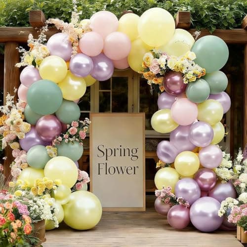 Green Pink Balloon Arch Kit Double Stuffed Light Pastel Lavender Yellow Pearl Balloon Garland for Baby Shower Birthday Spring Wildflower Fairy Garden Tea Butterfly Party Decorations view 6