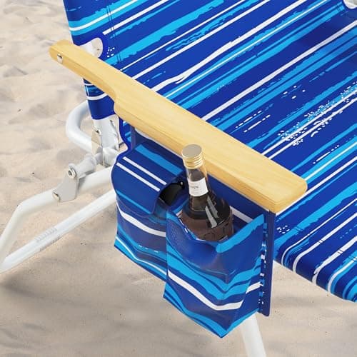 Tall Beach Chairs for Adults, 17" High Backpack Beach Chair with Wooden Armrests, 5 Positions Reclining Heavy Duty Chair with Large Cooler Pouch, Support to 350LBS Striped Blue,2pack view 4