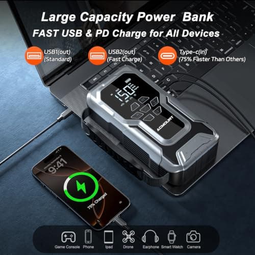 ACMOUNT D18 6000A Jump Starter with Air Compressor 150PSI, 12V Jump Box | Car Jumper Starter Portable(All Gas/10.0L Diesel) with Jump Cables, Tire Inflator, 800LM Flashlight, Power Bank, Gift for Men view 3