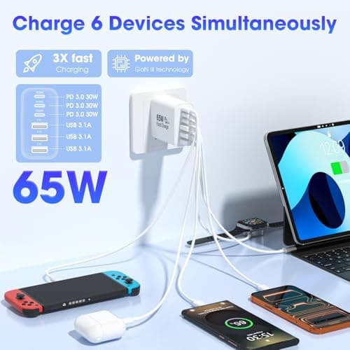 USB C Charger Block,2 Pack 65W 6 Port USB C Wall Charger,6 in 1 iPhone Charger Fast Charging PD+QC Power Adapter Multiport Type C Brick Chargers for iPhone 17/16/15/14/13/12/Pro Max/XS/Samsung view 2