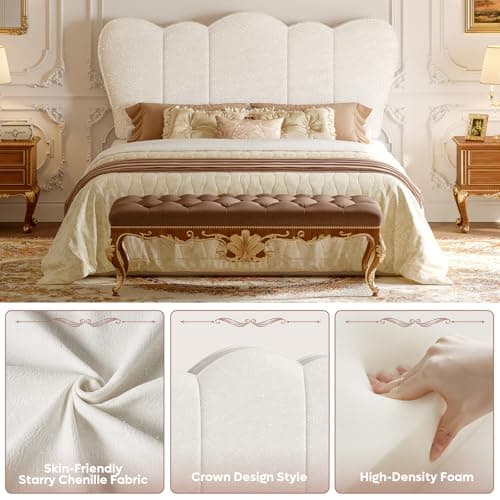 Pinmoco Queen Headboard Upholstered Beige Scalloped Padded Bed Backboard, Modern Wall Mounted Luxury Headboard for Queen Bedroom view 4