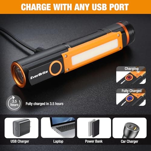 EverBrite Rechargeable LED Emergency Flashlight, 500 Lumens Pocket Flashlight, USB-C Cable, 7 Modes Handheld Flashlights with COB Sidelight, Magnetic Base, Pocket Clip, Light for Camping, Emergency view 3