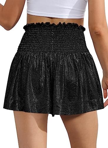GUOLEZEEV Women Sequin Smocked High Waisted Flowy Glitter Sparkly Metallic Shorts view 2