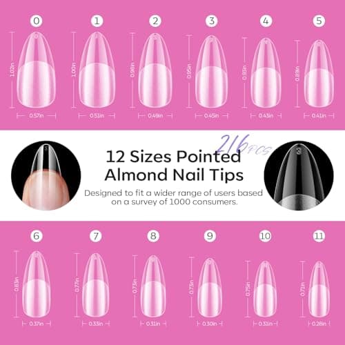 modelones Pointed Almond Nail Tips, Medium Pre-shaped Soft Gel Tips Fake Nails False Acrylic Clear Full Cover Press on Extension Gel Kit Manicure DIY at Home 216PCS 12Sizes view 6