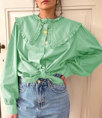 Tankaneo Womens Button Down Shirts Cotton Puff Sleeve Babydoll Blouse Fall Casual Doll Collar Tops view 4