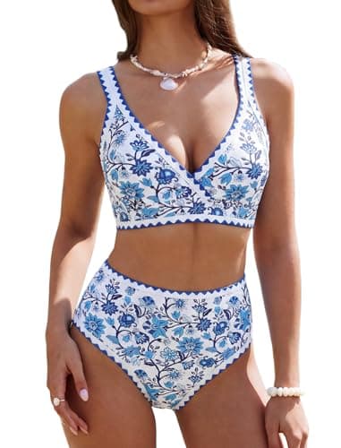ZAFUL Womens High Waisted Bikini Sets Floral Print Whip Stitch 2 Piece Swimsuits V-Neck Crisscross Tie Back Bathing Suit — image 1