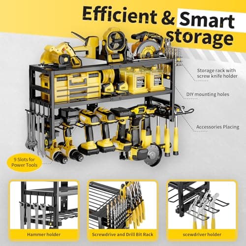 SEENWUUN Power Tool Organizer Wall Mount Heavy Duty 320 lbs, 3 Layers Storage Rack with 9 Drill Holders & Battery Storage, cordless tool organizer for Garage, Workshop & Tool Room view 4